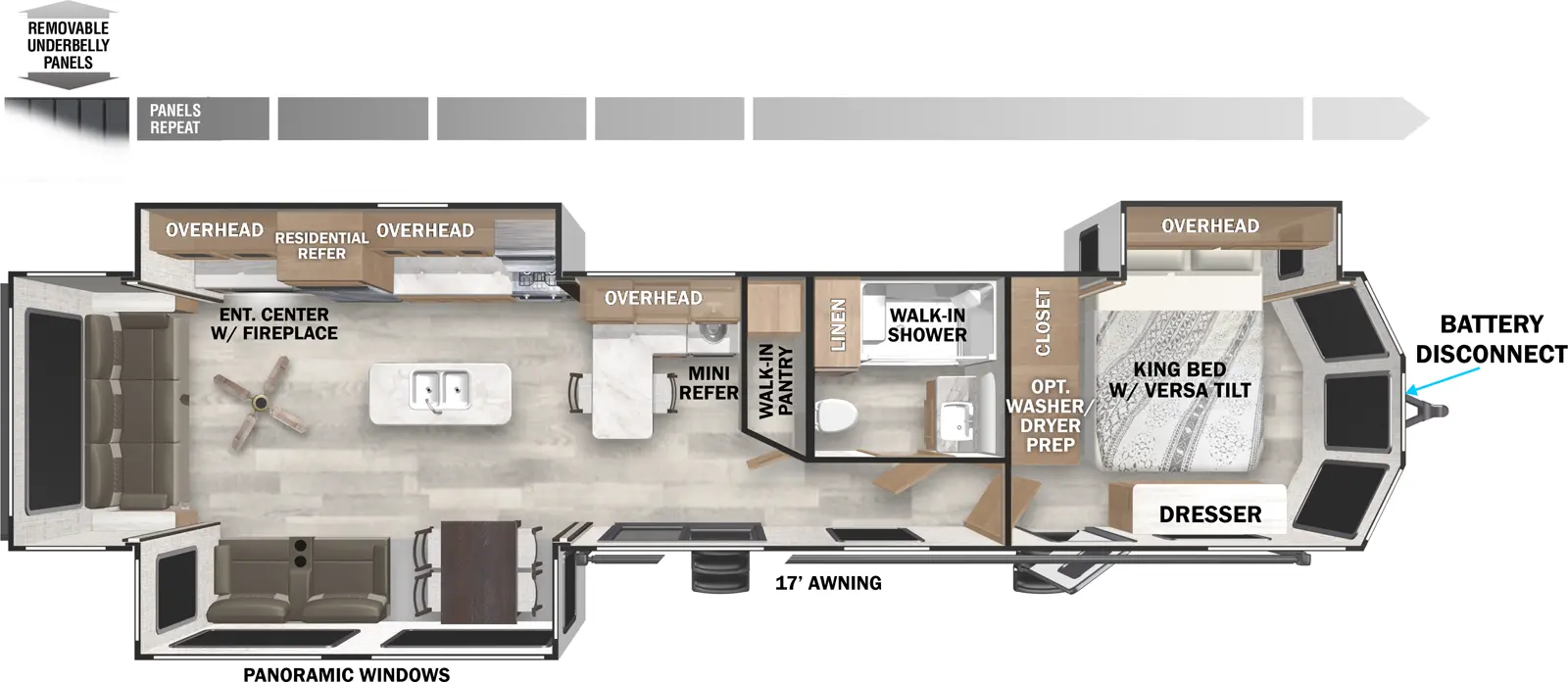 The Salem Villa 40RLB has two entries and three slide outs. Exterior features include: metal or fiberglass exterior and 17' awning. Interiors features include: kitchen island, free-standing dinette option, front bedroom and rear living.